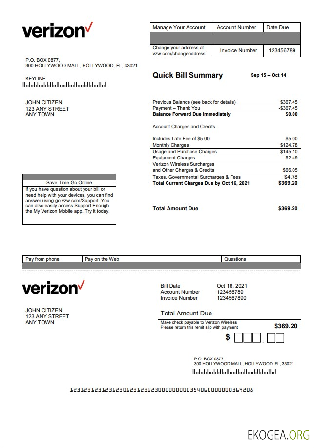 USA Verizon utility bill template in Word format, fully editable, version 2